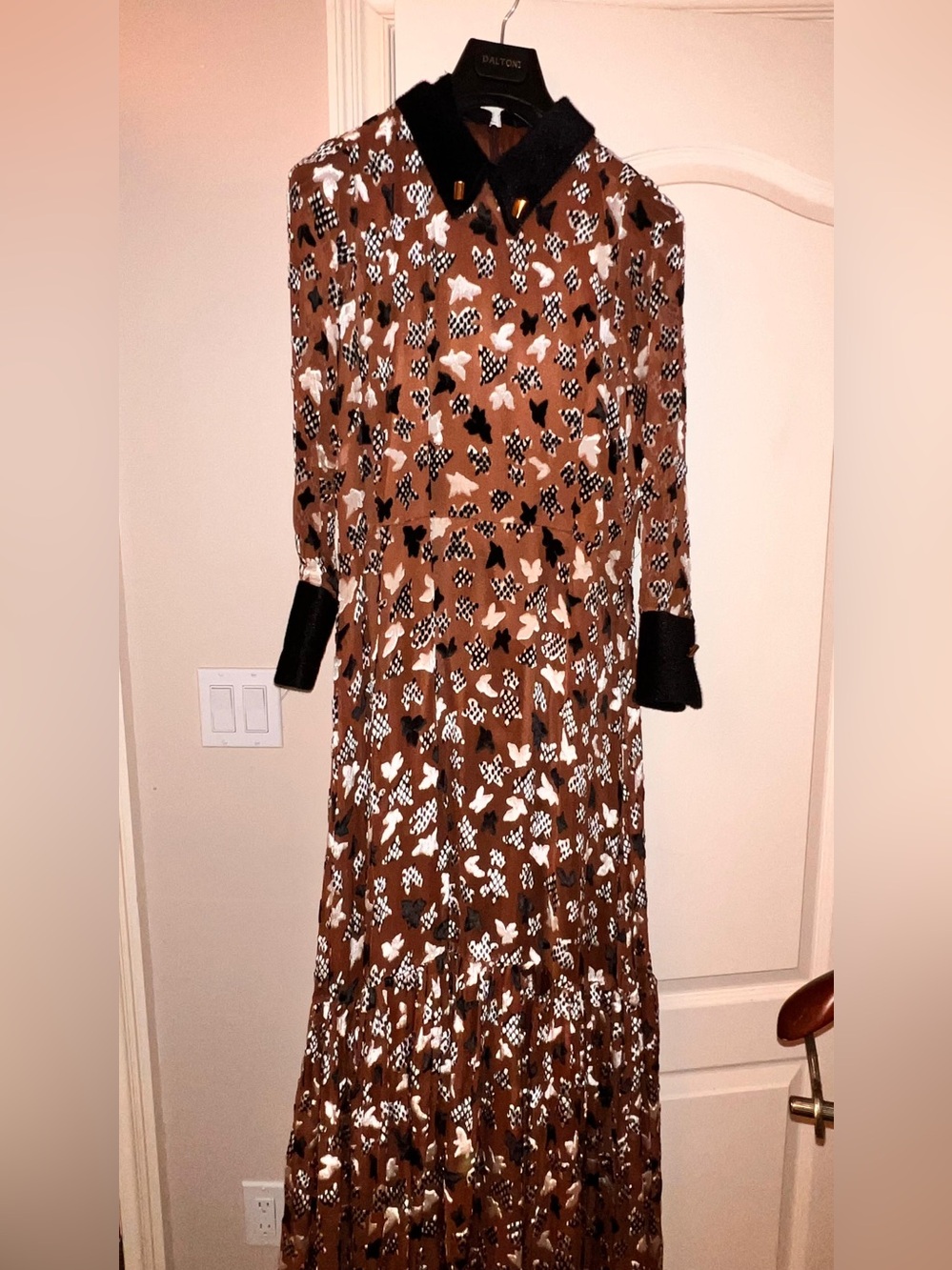 Brown Printed Long Sleeve Gown with Black Collar